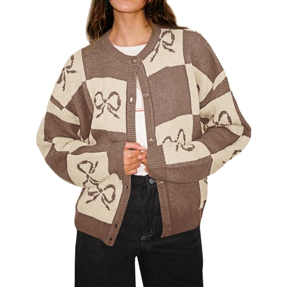 Bow Plaid Button Long Sleeve Women's Color Block Cardigan Knitted Jacket