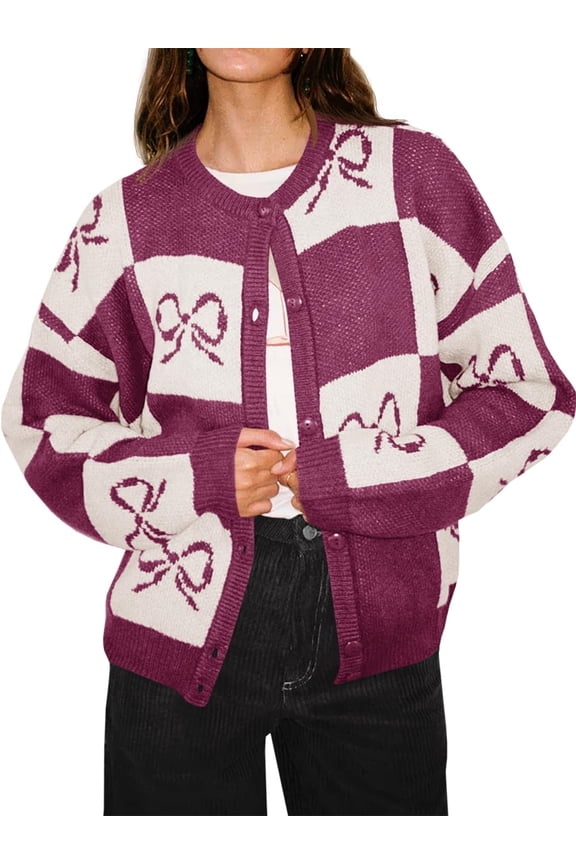 Bow Plaid Button Long Sleeve Women's Color Block Cardigan Knitted Jacket