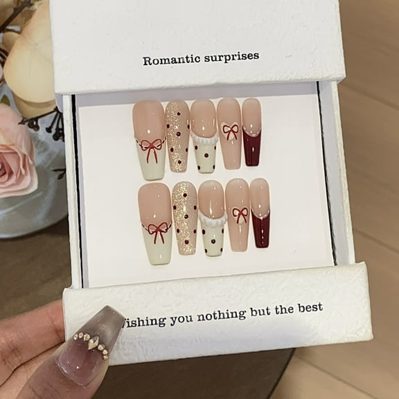 Bow Polka Dot French Tip Handmade Press on Nails for Women Y2K Preppy Cute Long Coffin Multicolor Fake Nails