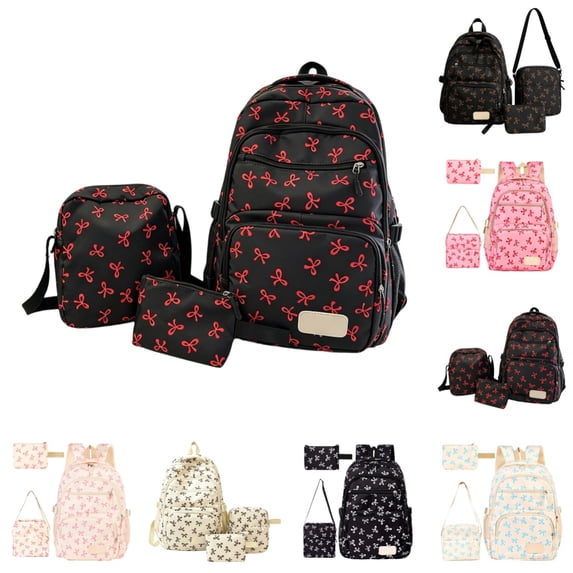 Bow Print Backpack Set, Lightweight School Book Bag With Crossbody Bag And Pouch, Casual Daypack For Students