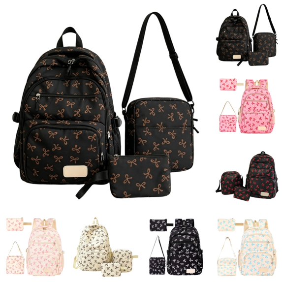 Bow Print Backpack Set, Lightweight School Book Bag With Crossbody Bag And Pouch, Casual Daypack For Students
