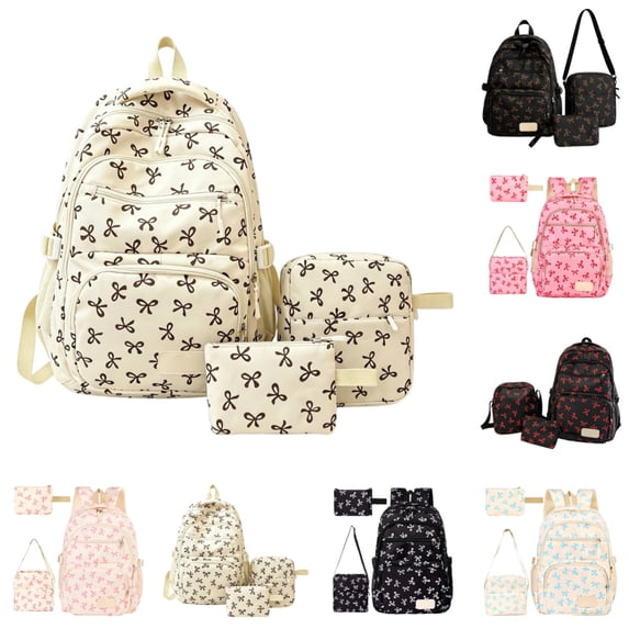 Bow Print Backpack Set, Lightweight School Book Bag With Crossbody Bag And Pouch, Casual Daypack For Students