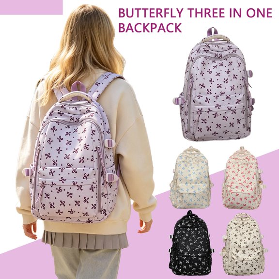 Bow Print Backpack Student Daypack Adjustable Shoulder Straps Multiple Color Options Lovely Retro Look Storage Holder*1PC