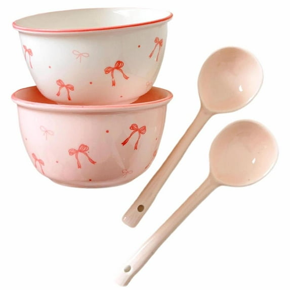 Bow Print Color Ceramic Bowl Set Household High Aesthetic Bowl and Spoon Se