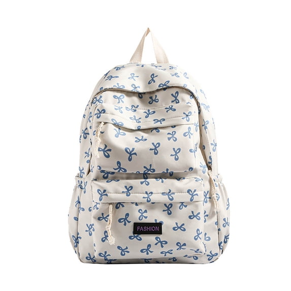 Bow Print Backpack Front Pocket Drawstring Detail Lightweight Waterproof Teen Back To School Casual Daypack