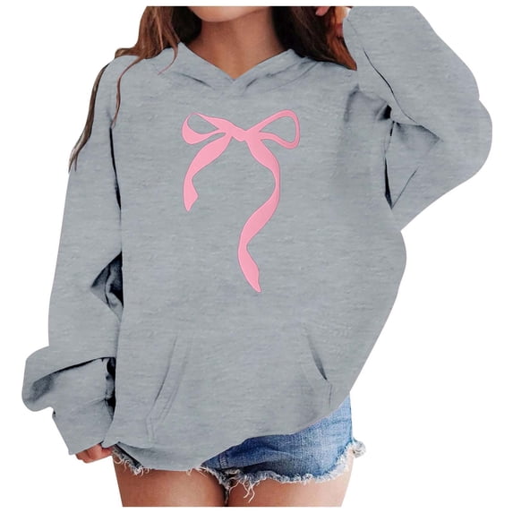Bow Print Hoodies Sweatshirts For Kids Children'S Long Sleeved Hoodie With Printed Bow Tie Sweet Ribbon Daily Pullovers Grey 160(13-14 Years)