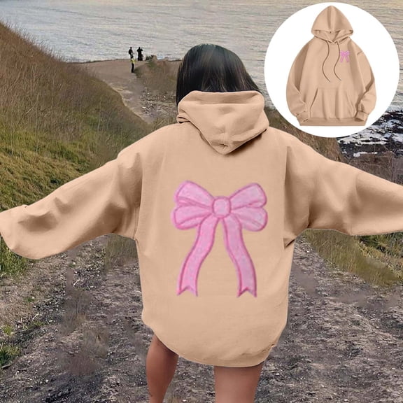 Bow Print Hoodies Sweatshirts For Women Women'S Letter Print Hoodies Long Sleeved With Pockets Hoodie Sweet Ribbon Cozy Pullovers Khaki S