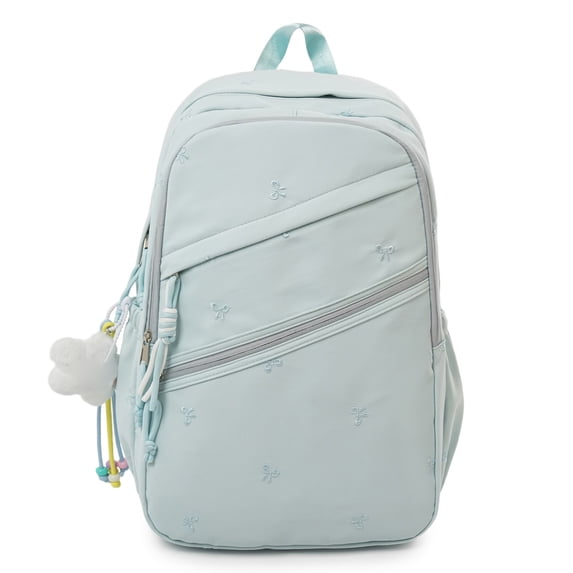 Bow Print Large Capacity Backpack, Multi-Pocket Zipper Closure School Bag with Pendant for Travel Work Shopping (Blue)