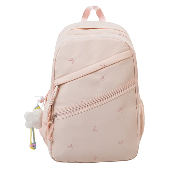 Bow Print Large Capacity Backpack, Multi-Pocket Zipper Closure School Bag with Pendant for Travel Work Shopping (Pink)
