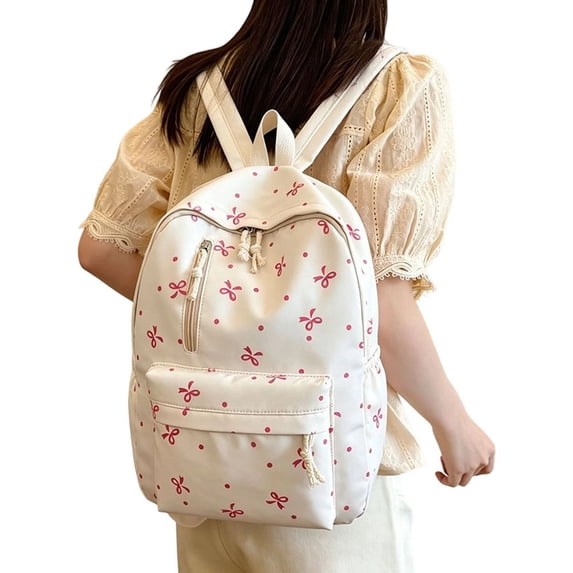 Bow Print Nylon Backpack, Lightweight Large Capacity Casual Daypack, Multi Pocket Adjustable Shoulder Strap Bookbag for School Daily Travel