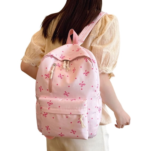 Bow Print Nylon Backpack, Lightweight Large Capacity Casual Daypack, Multi Pocket Adjustable Shoulder Strap Bookbag for School Daily Travel