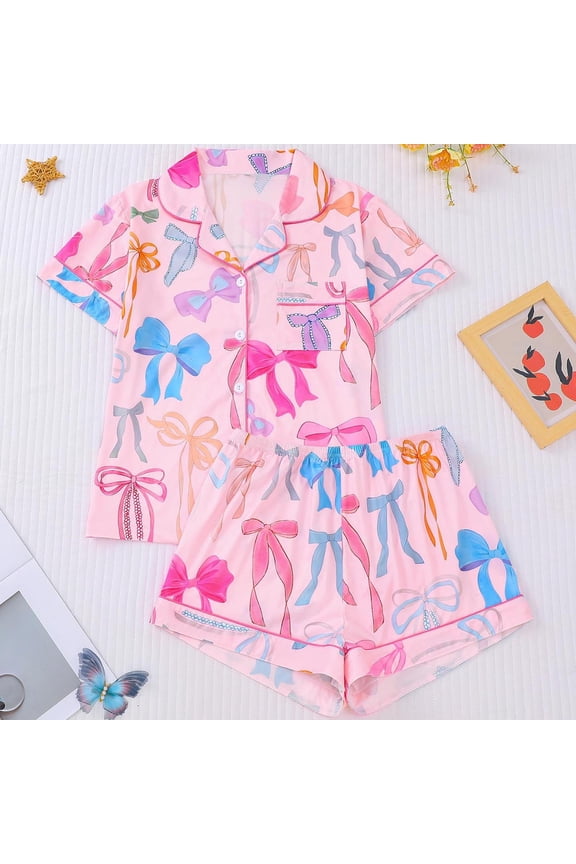 Bow Print Pajama Sets For Women Elegant Short Sleeve Button Front For With Bow Print Relaxed Fit Home Wear Daily Pjs Sets Pink Xxl