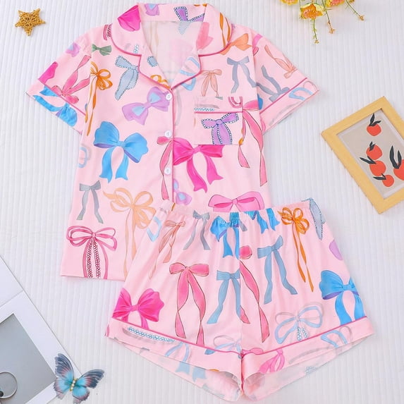 Bow Print Pajama Sets For Women Elegant Short Sleeve Button Front For With Bow Print Relaxed Fit Home Wear Daily Pjs Sets Pink Xxl