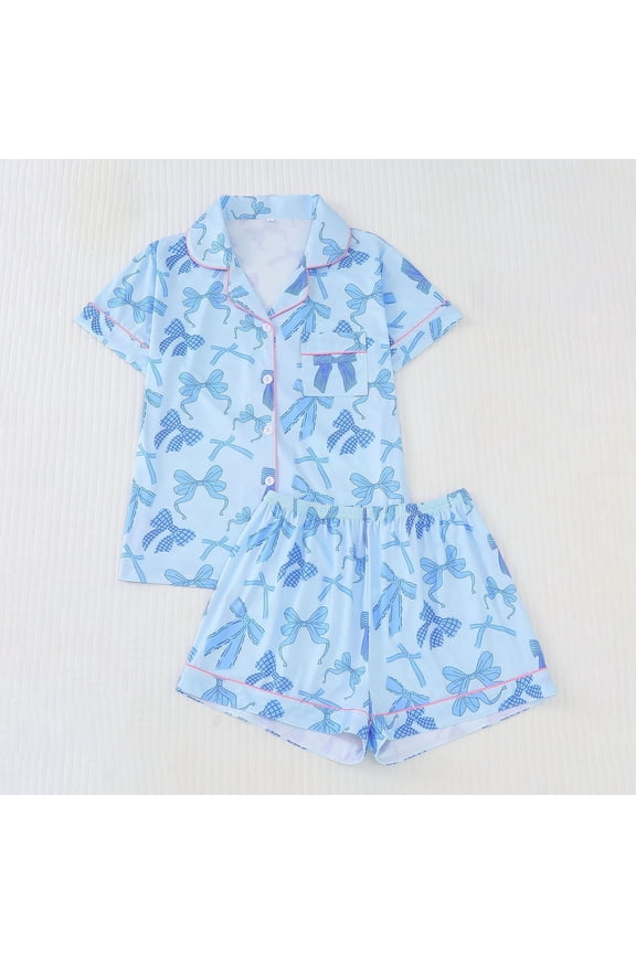 Bow Print Pajama Sets For Women Short Sleeve Pajama With Bow Print Collar Soft Sleepwear Shorts Comfortable Wear Cozy Pjs Sets Blue M