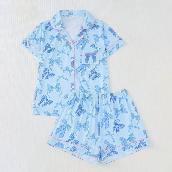 Bow Print Pajama Sets For Women Short Sleeve Pajama With Bow Print Collar Soft Sleepwear Shorts Comfortable Wear Cozy Pjs Sets Blue S