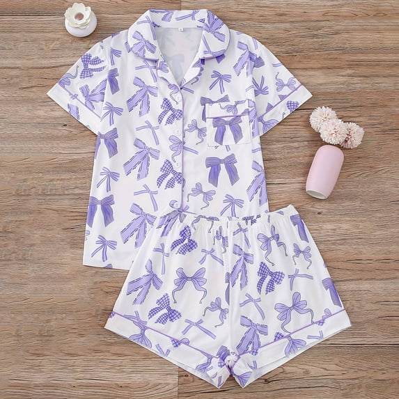 Bow Print Pajama Sets For Women Short Sleeve Pajama With Bow Print Collar Soft Sleepwear Shorts Comfortable Wear Cozy Pjs Sets Purple L