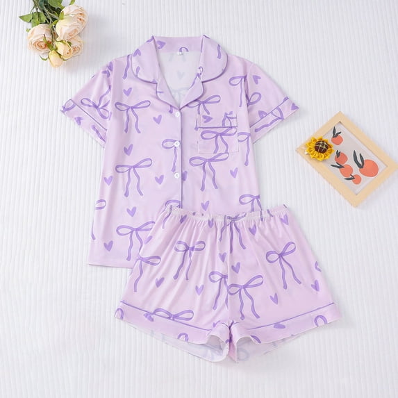 Bow Print Pajama Sets For Women Women'S Bow Print Sleepwear Set With Collar And Short Sleeves Sweet Ribbon Cozy Pjs Sets Purple M