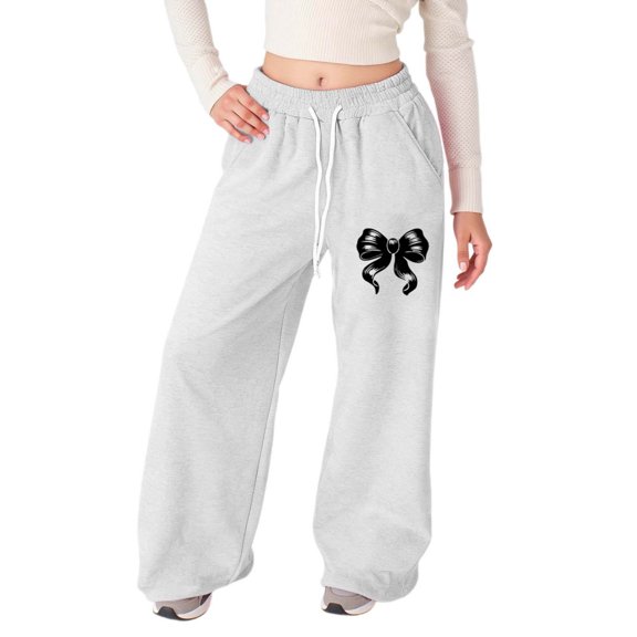 Bow Print Pants For Kids Girls Bow Knot Loose Fit Casual Jogger Pants Straight Leg Sweatpants With Back Pocket Cozy Joggers White 120(6-7 Years)