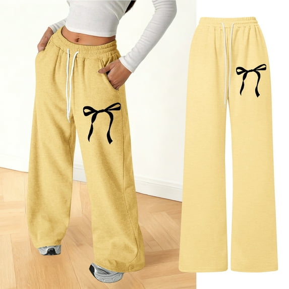 Bow Print Pants For Kids Girls Loose Fit Bow Back Pocket Jogger Pants Straight Leg Casual Athletic Sweatpants For Toddler Youth Teen Comfort Play Outfit Yellow 160(13-14 Years)