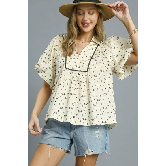 Bow Print Puff Sleeve Blouse