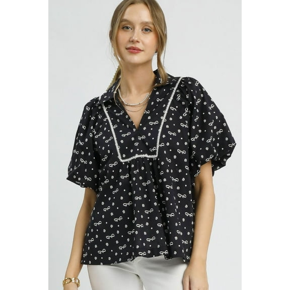 Bow Print Puff Sleeve Blouse