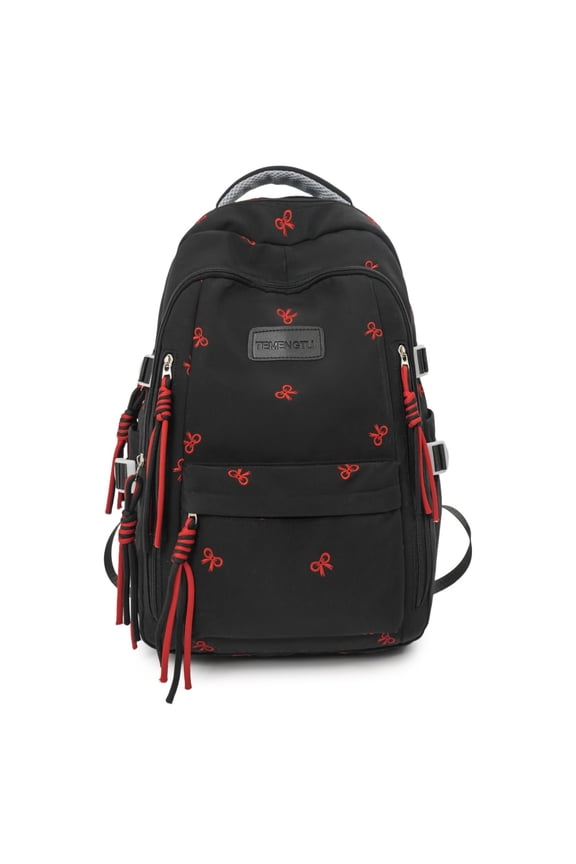 Bow Print School Backpack, Aesthetic School Bookbag with Braided Rope Zipper, Lightweight Daypack for College Shopping, Black