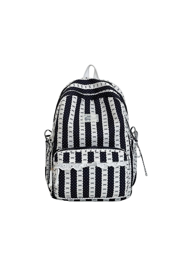 Bow Print School Backpack, Lace Trim Backpack with Side Pockets, Heavy Duty Computer Bag forTravel College Work, Blue