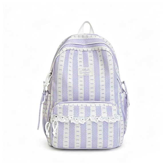 Bow Print School Backpack, Lace Trim Backpack with Side Pockets, Heavy Duty Computer Bag for Travel College Work, Purple