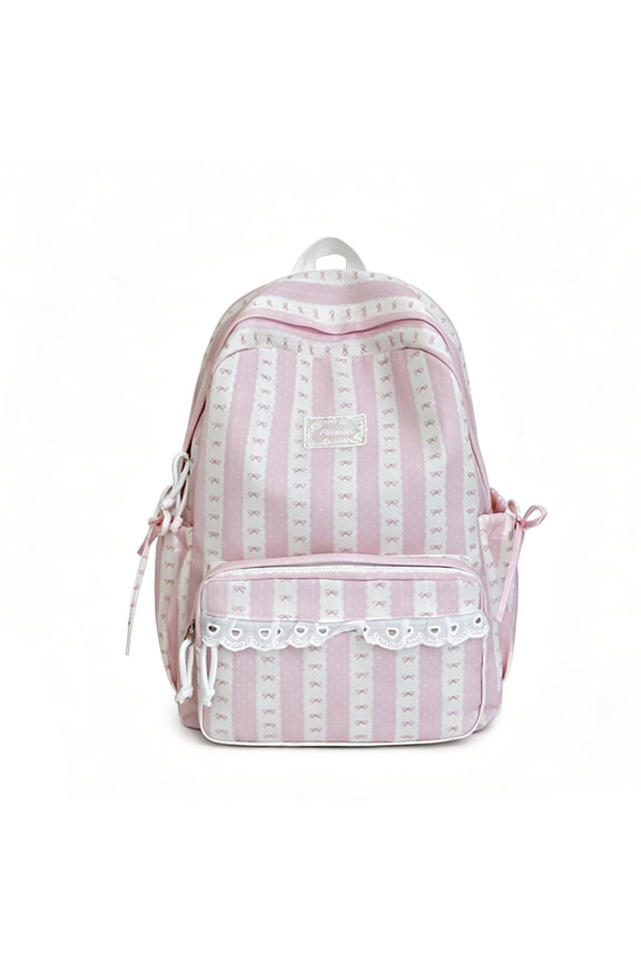 Bow Print School Backpack, Lace Trim Backpack with Side Pockets, Heavy Duty Computer Bag forTravel College Work, Yellow