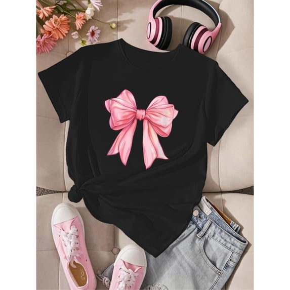 Bow Print Summer Design Daily Wear Graphic Tees Tops Comfortable Short Sleeve Round Neck Black S-5XL