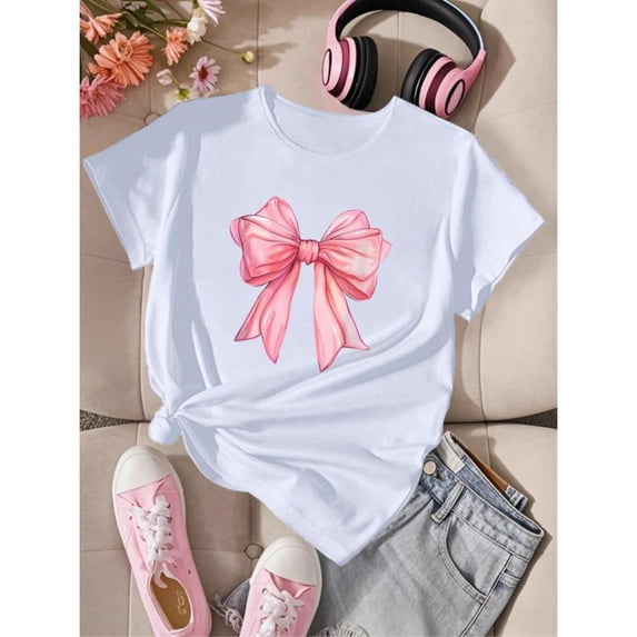 Bow Print Summer Design Daily Wear Graphic Tees Tops Comfortable Short Sleeve Round Neck White S-5XL