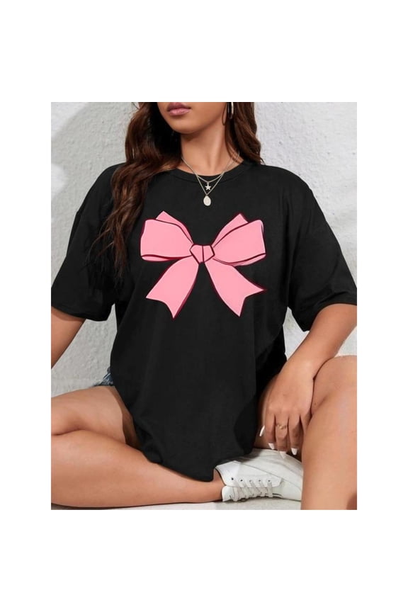 Bow Print Summer Design Daily Wear Graphic Tees Tops Short Sleeve Round Neck Breathable Black S-5XL