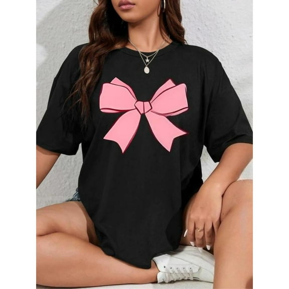 Bow Print Summer Design Daily Wear Graphic Tees Tops Short Sleeve Round Neck Commuting Black S-5XL