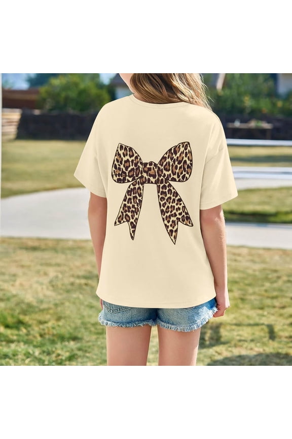 Bow Print Tees Shirts For Kids Girls' Summer Knot Tie Graphic Tee For Kids Lightweight Casual Short Sleeve Top For Girls With Playful Print Breathable Blend Beige 150(9-10 Years)