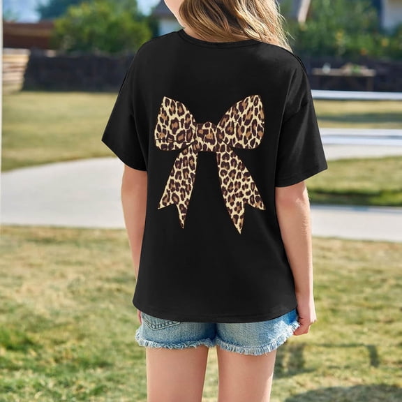 Bow Print Tees Shirts For Kids Girls' Summer Knot Tie Graphic Tee For Kids Lightweight Casual Short Sleeve Top For Girls With Playful Print Breathable Blend Black 130(5-6 Years)