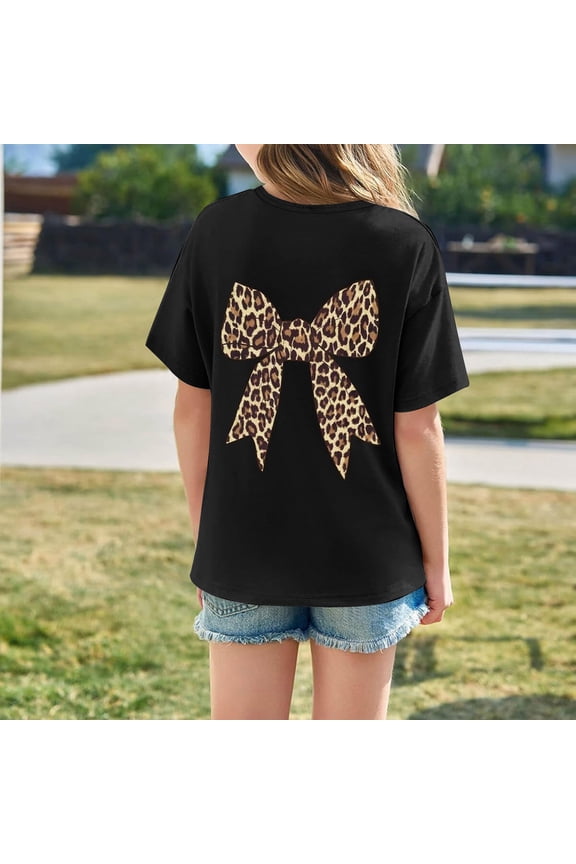 Bow Print Tees Shirts For Kids Girls' Summer Knot Tie Graphic Tee For Kids Lightweight Casual Short Sleeve Top For Girls With Playful Print Breathable Blend Black 150(9-10 Years)
