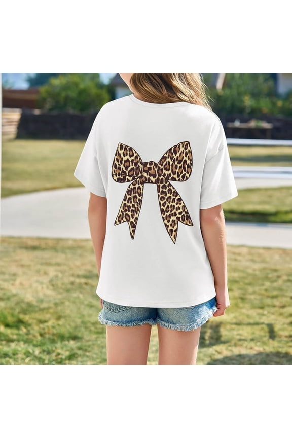 Bow Print Tees Shirts For Kids Girls' Summer Knot Tie Graphic Tee For Kids Lightweight Casual Short Sleeve Top For Girls With Playful Print Breathable Blend White 120(3-4 Years)