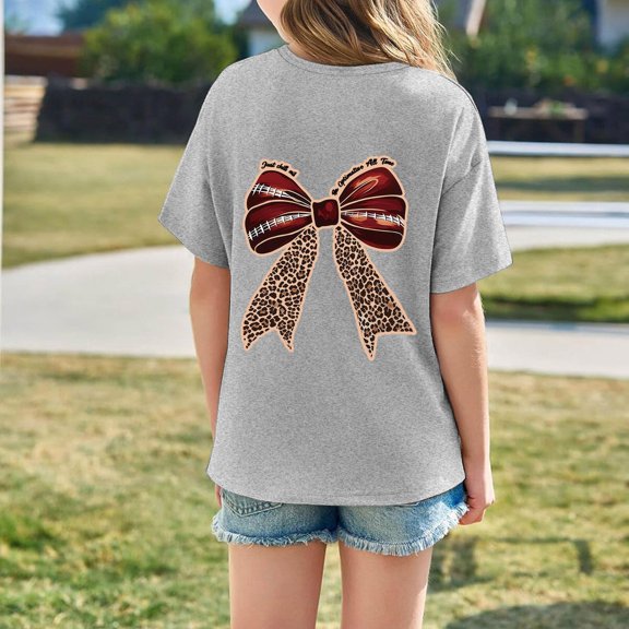 Bow Print Tees Shirts For Kids Girls Tee For Girls Lightweight Short Sleeve Top With Pretty Bow For Playful Summer Styles Casual Round Neck Shirt Relaxed Fit Kids T Shirt Grey 120(3-4 Years)