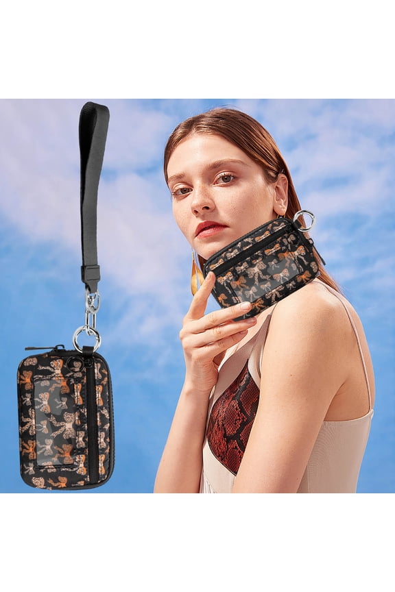 Bow Print Waterproof Wristlet Card Wallet with Clear ID Window & Detachable Strap, Mini Zipper Coin Pouch for Women Girls Credit Card Keys Transit Card Daily Travel Outdoor Carry B
