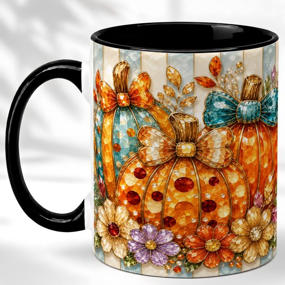 Bow Pumpkin Coffee Mug, Colorful Fall Mug, Ceramic 11 oz