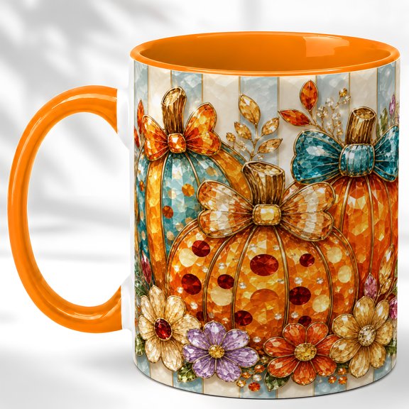 Bow Pumpkin Coffee Mug, Colorful Fall Mug, Ceramic 11 oz