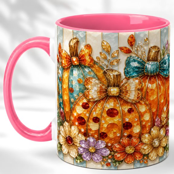 Bow Pumpkin Coffee Mug, Colorful Fall Mug, Ceramic 11 oz