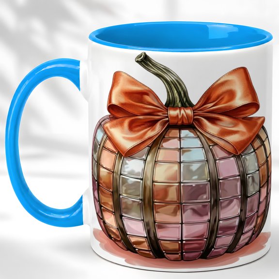 Bow Pumpkin Coffee Mug, Mosaic Autumn Mug, Ceramic 11 oz