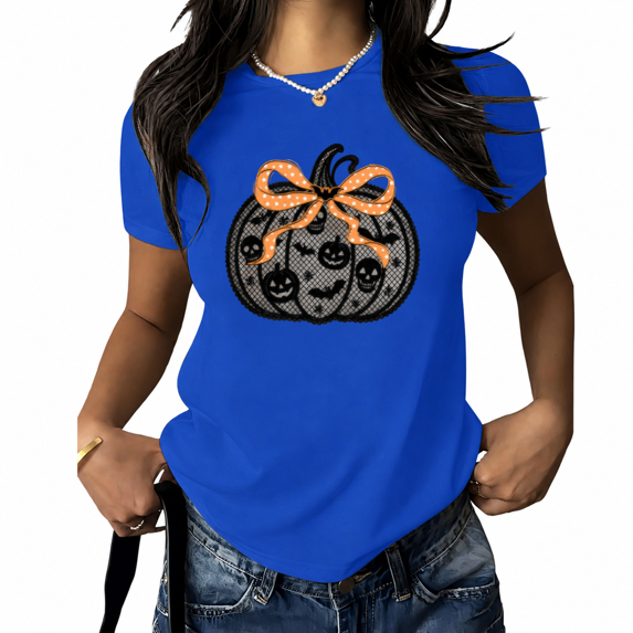 Bow Pumpkin Halloween Cute Graphic Tee for Women Hand Drawn Short Sleeve Crew Neck Shirt