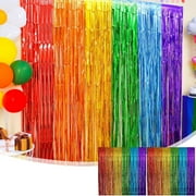Bow Rain Curtain Set 2 Pack | Multicolor Rainbow Table Skirt Foil Fringe | Shiny Plastic Party Backdrop Decorations | Self-Adhesive 78.7x78.7in Each | Birthday Wedding Anniversary Graduation Event