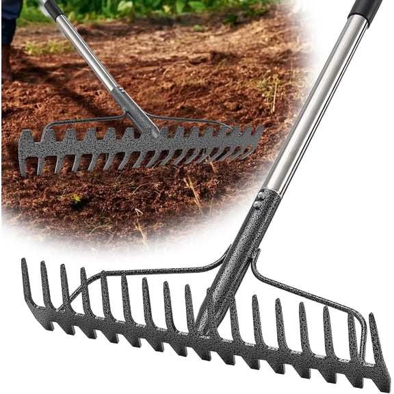 Bow Rake, 79" Heavy Duty Garden Rake with Wide 17 Tines Head & Stainless Steel Handle, Adjustable Rakes for Lawns Yard Loosening Soil Thatching Gathering Leaves Gravel