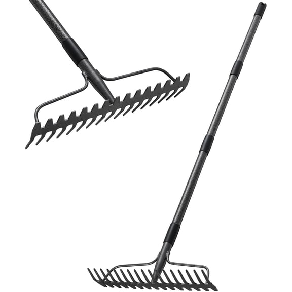 Bow Rake,Thatch Rakes for Lawns, Heavy Duty Metal Garden Rake with 17 Prongs, Long Handle Yard Rock Rake for Gardening, Loosening Soil, Leveling Lawn, Leaves Cleaning
