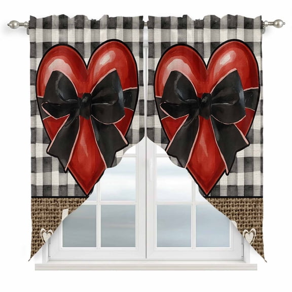 Bow on Red Heart Swag Valances for Windows 2 Pack, Kitchen Window Curtains 36 Inch Length, Valentine's Day Love Black Beige Plaid Linen Privacy Swag Curtains for Living Room/Bathroom 36"x36"