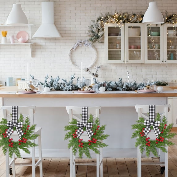 Bow Ribbon Decorated Mini Christmas Christmas Wreaths for Front Door Artificial Berry Wreath Small Hanging Wreath Ornament for Dining Chair Back Home Wall Xmas Holiday Party Decor 1Pcs