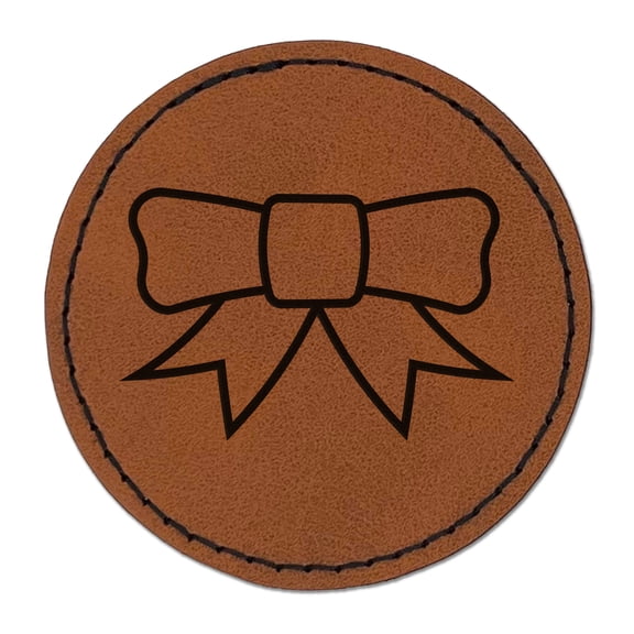 Bow Ribbon Outline 2.5" Faux Leather Round Engraved Iron-On Patch - Brown